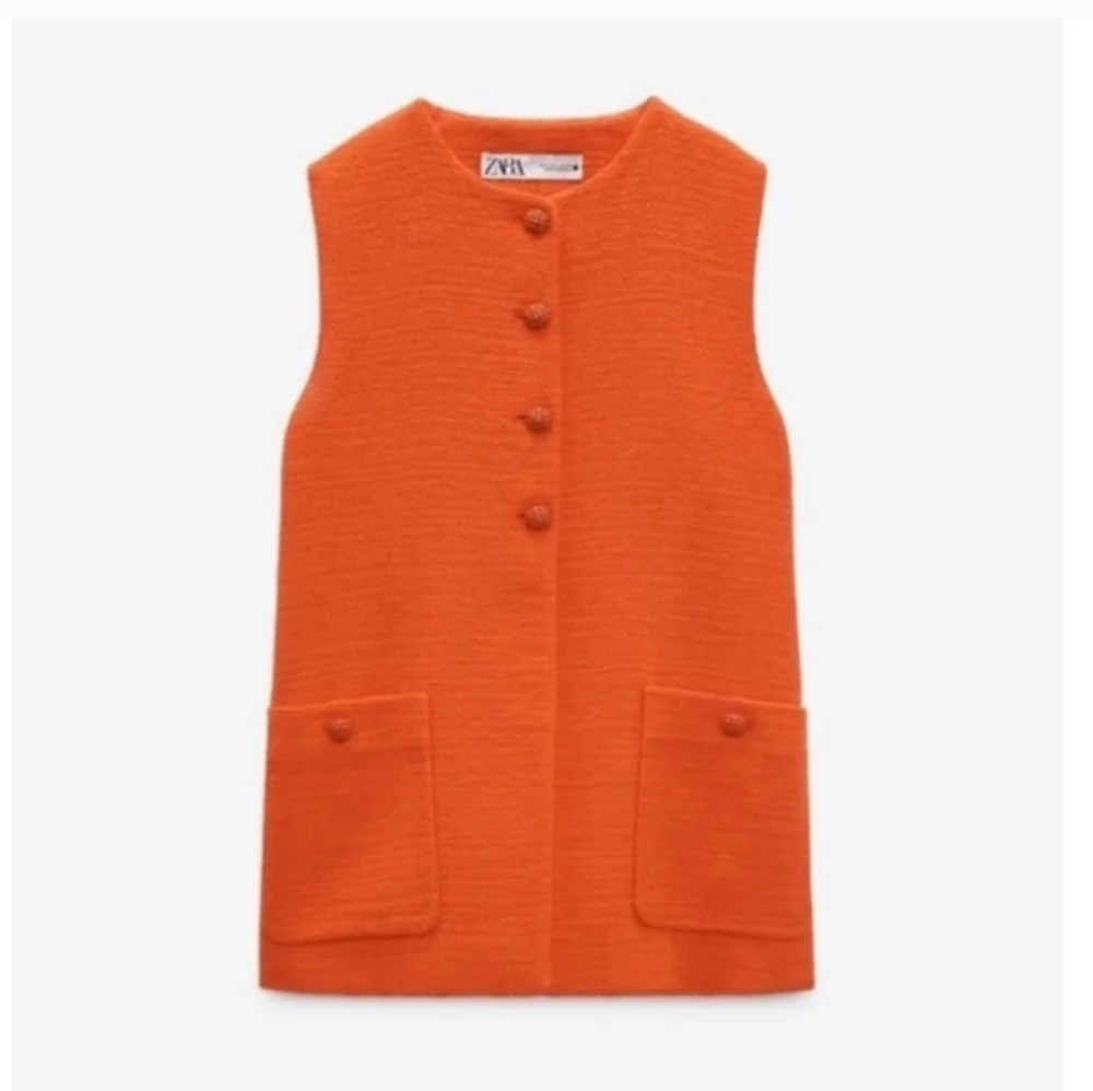 Zara textured tweed orange long vest top size XS